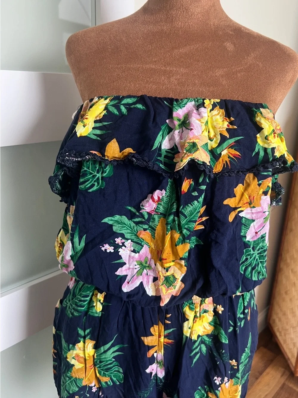 Navy Floral Off-Shoulder Romper with Yellow & Pink Blooms